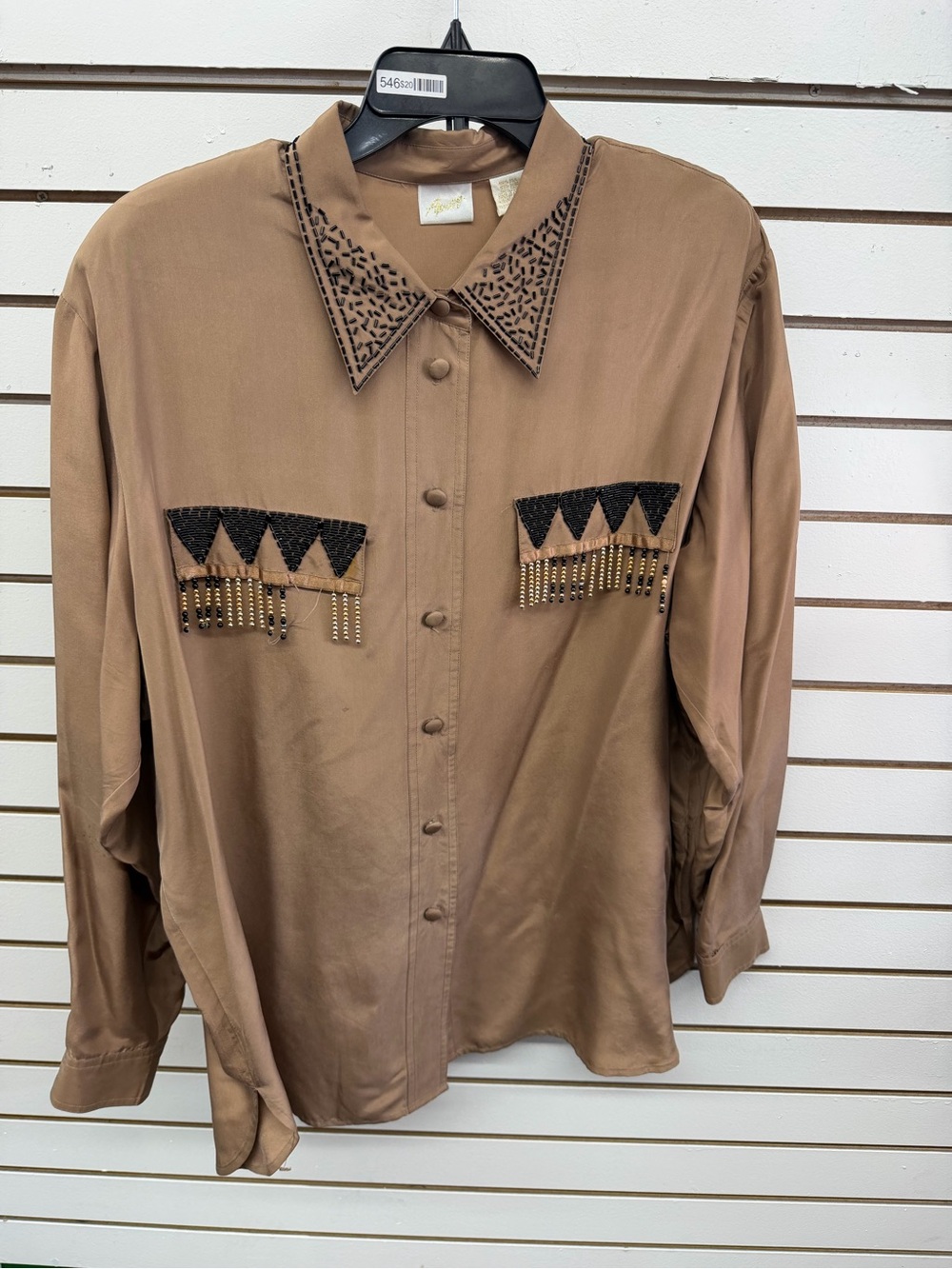 Vintage Apart Brown Beaded Western Button Front Blouse Shirt Long Sleeve